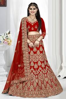 Red embroidered silk semi stitched bridal lehenga