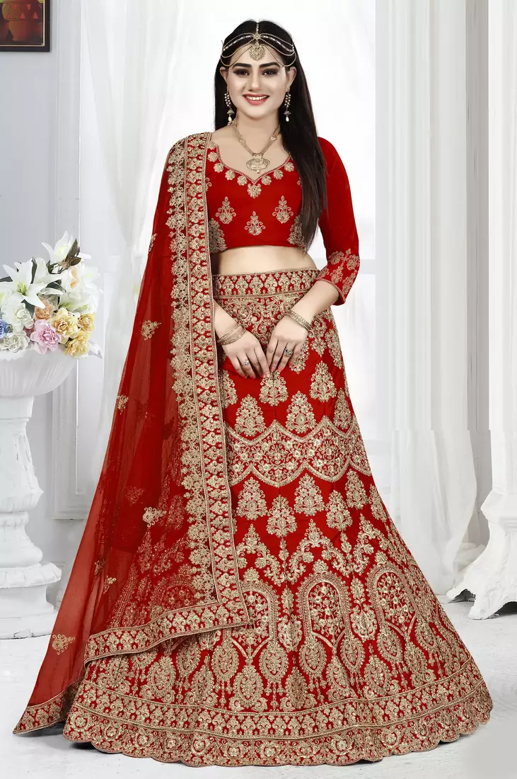 Red embroidered silk semi stitched bridal lehenga