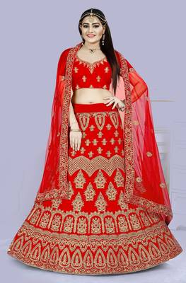 Red embroidered Silk Semi Stitched Bridal Lehenga 1