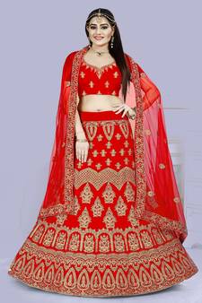 Red embroidered Silk Semi Stitched Bridal Lehenga