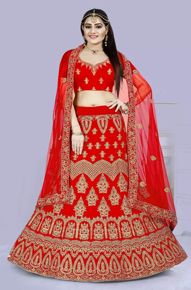 Red embroidered silk Semi Stitched bridal lehenga