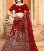 Red Embroidered Velvet Semi Stitched Wedding Lehenga