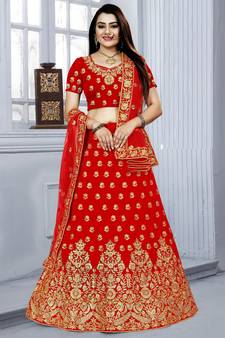 Red embroidered velvet semi stitched wedding lehenga