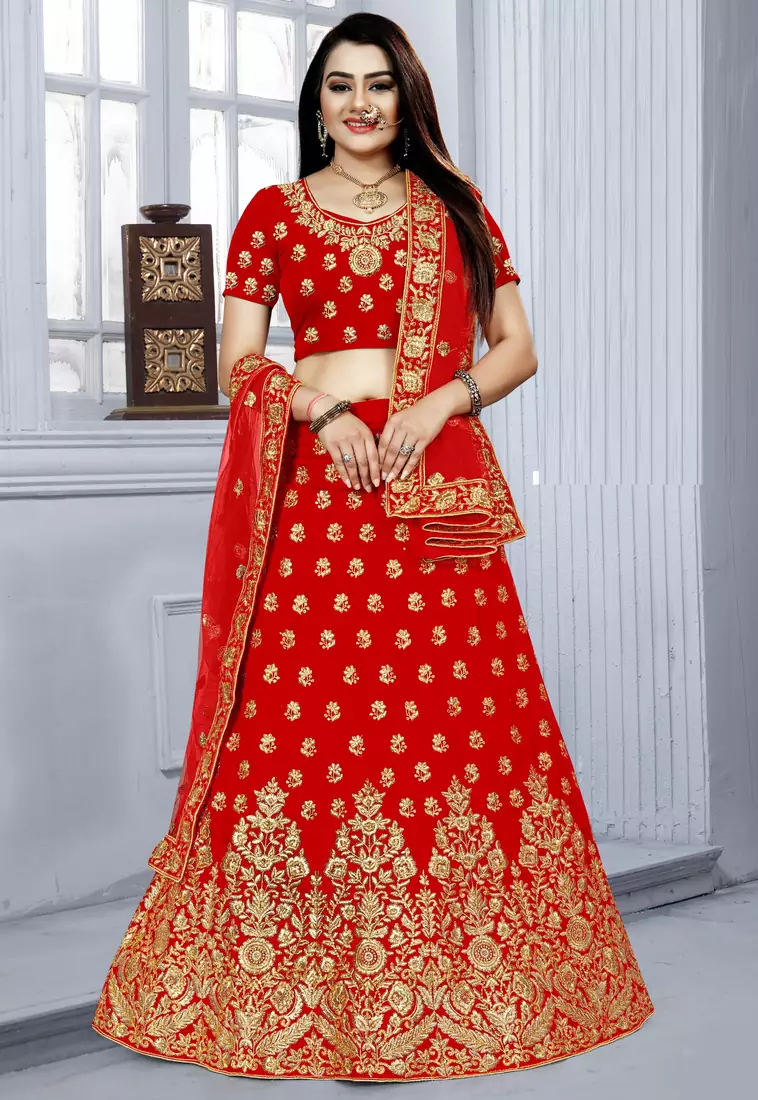 Red embroidered velvet semi stitched wedding lehenga