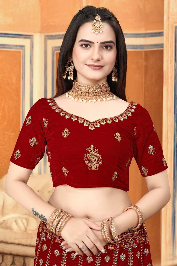 Red Embroidered Velvet Semi Stitched Wedding Lehenga