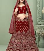 Red Embroidered Velvet Semi Stitched Wedding Lehenga