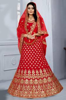 Red embroidered velvet semi stitched wedding lehenga