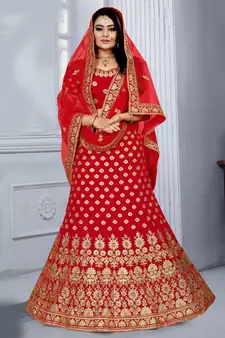 Red embroidered velvet semi stitched wedding lehenga