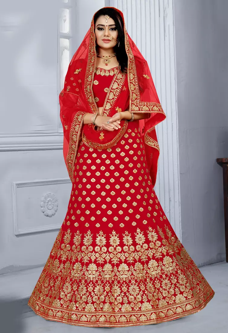 Red embroidered velvet semi stitched wedding lehenga