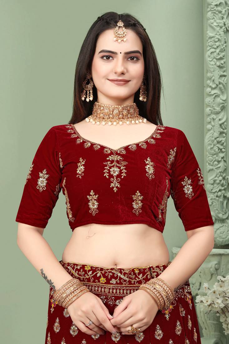 Red Embroidered Velvet Semi Stitched Wedding Lehenga