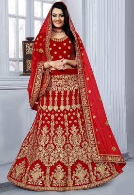 Red embroidered velvet semi stitched bridal lehenga 1