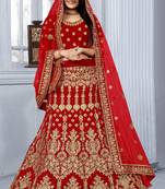 Red embroidered velvet semi stitched bridal lehenga