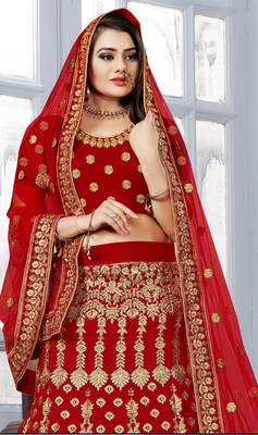 Red embroidered velvet semi stitched bridal lehenga 2