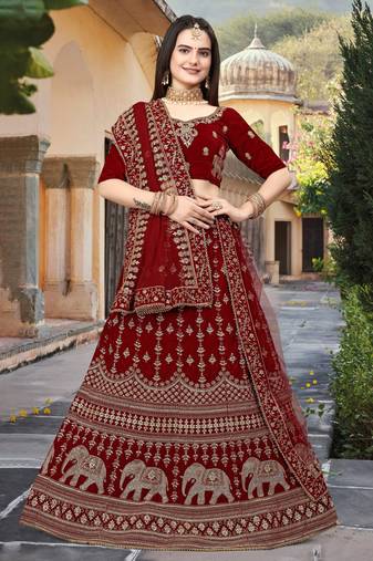 Red Embroidered Velvet Semi Stitched Lehenga