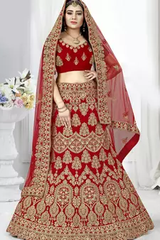 Red embroidered velvet semi stitched lehenga