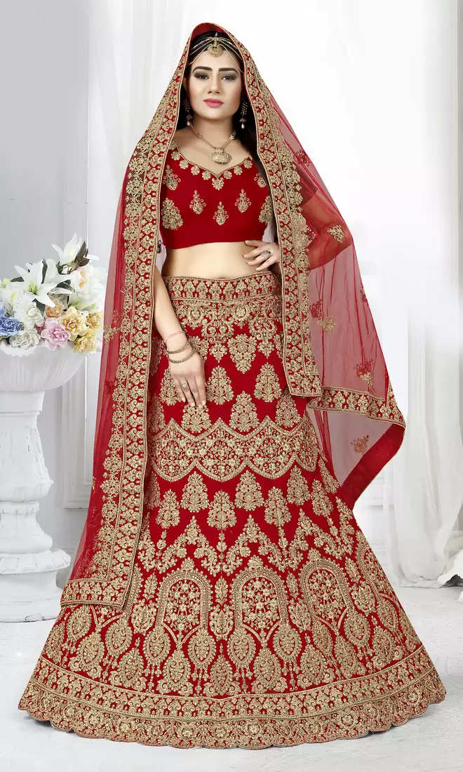 Red embroidered velvet semi stitched lehenga