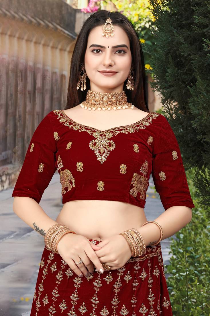 Red Embroidered Velvet Semi Stitched Lehenga