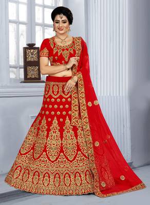 Red Zari embroidered velvet semi stitched bridal lehenga 1