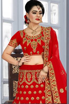 Red Zari embroidered velvet semi stitched bridal lehenga 2