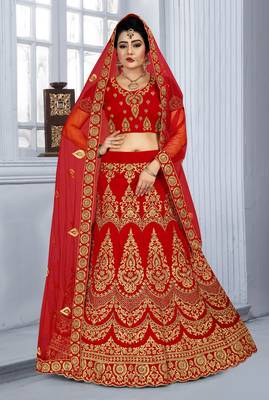 Red Zari embroidered velvet semi stitched lehenga 1