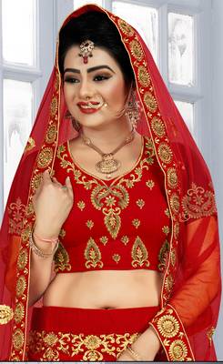 Red Zari embroidered velvet semi stitched lehenga 2