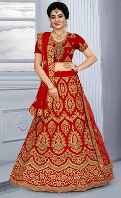 Red embroidered velvet semi stitched lehenga 1