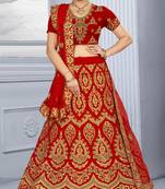 Red embroidered velvet semi stitched lehenga