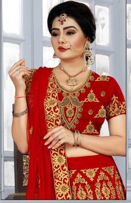 Red embroidered velvet semi stitched lehenga 2