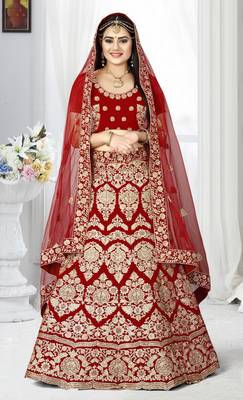 Red embroidered velvet semi stitched lehenga 1