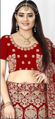 Red embroidered velvet semi stitched lehenga 2