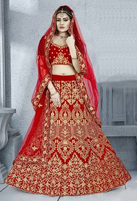 Red embroidered velvet semi stitched lehenga 1