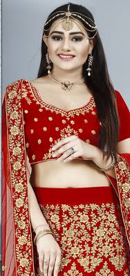 Red embroidered velvet semi stitched lehenga 2