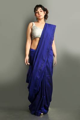 Blue plain blended cotton saree with blouse 1