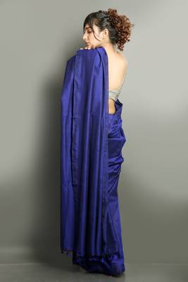Blue plain blended cotton saree with blouse 2