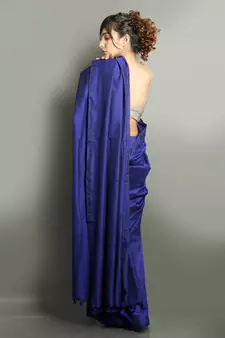 Blue plain blended cotton saree with blouse