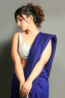 Blue plain blended cotton saree with blouse