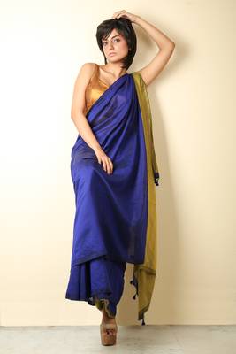 Blue plain blended cotton saree with blouse 1