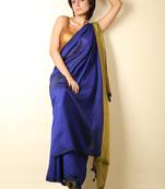 Blue plain blended cotton saree with blouse