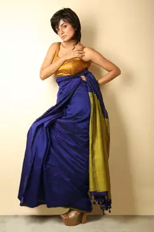 Blue plain blended cotton saree with blouse