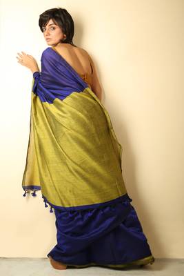 Blue plain blended cotton saree with blouse 3
