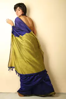 Blue plain blended cotton saree with blouse