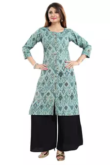 Green printed cotton long-kurtis