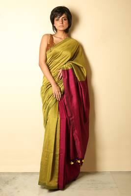 Yellow plain blended cotton saree with blouse 1