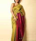 Yellow plain blended cotton saree with blouse