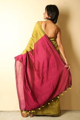 Yellow plain blended cotton saree with blouse 2