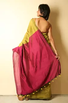 Yellow plain blended cotton saree with blouse