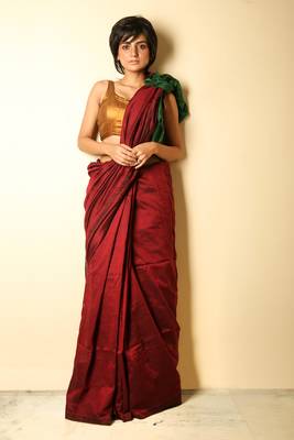 Dark red plain blended cotton saree with blouse 1