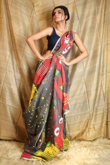 Grey Woven Blended Cotton Saree Without Blouse