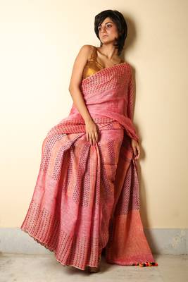 Pink woven linen saree with blouse 1
