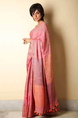 Pink woven linen saree with blouse 2